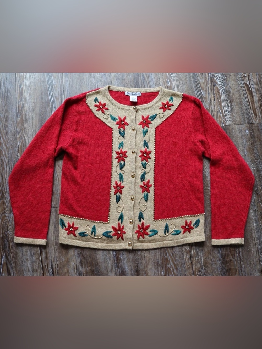 Vintage Red Gold Floral Embroidered Holiday Cardigan Novelty Sweater Womens M